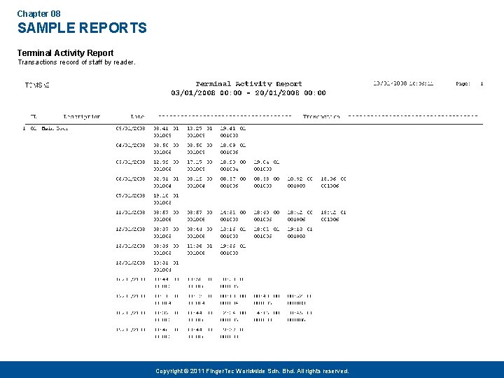 Chapter 08 SAMPLE REPORTS Terminal Activity Report Transactions record of staff by reader. Copyright