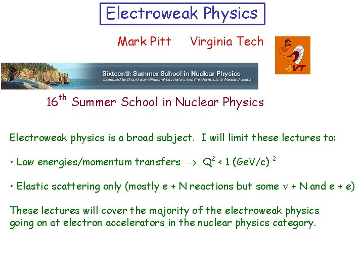 Electroweak Physics Mark Pitt Virginia Tech th 16 Summer School in Nuclear Physics Electroweak