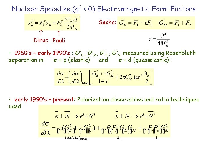 Nucleon Spacelike (q 2 < 0) Electromagnetic Form Factors Sachs: Dirac Pauli • 1960’s