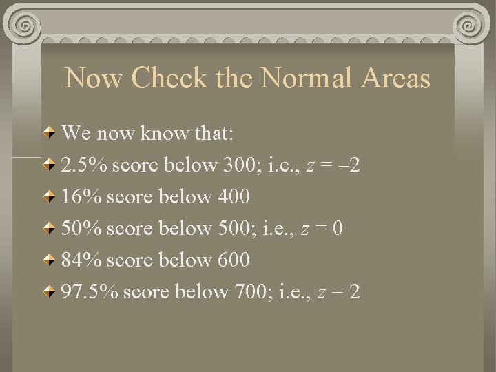 Now Check the Normal Areas We now know that: 2. 5% score below 300;