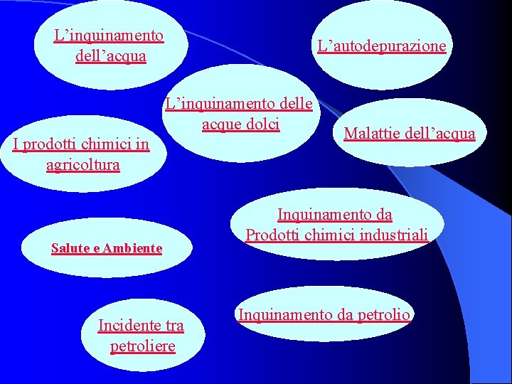 L’inquinamento dell’acqua L’autodepurazione L’inquinamento delle acque dolci I prodotti chimici in agricoltura Salute e