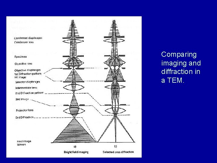 Comparing imaging and diffraction in a TEM. Comparing imaging and diffraction in a TEM.