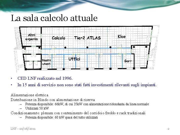 La sala calcolo attuale • • CED LNF realizzato nel 1996. In 15 anni