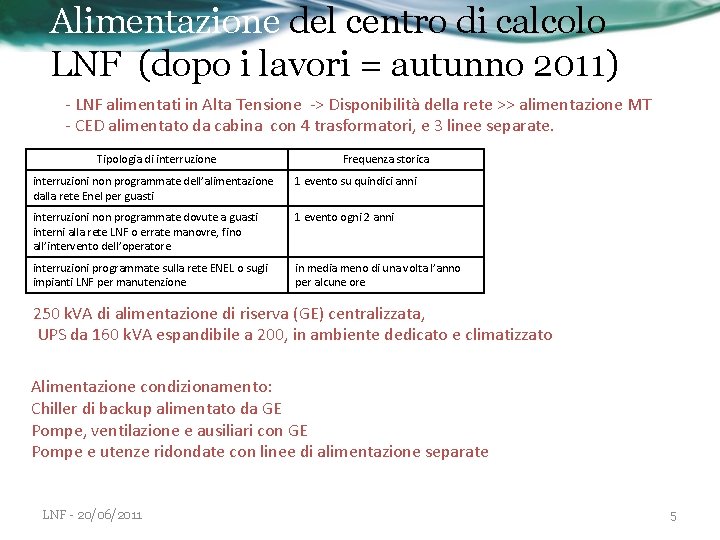 Alimentazione del centro di calcolo LNF (dopo i lavori = autunno 2011) - LNF