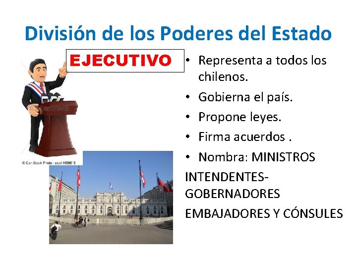 División de los Poderes del Estado EJECUTIVO • Representa a todos los chilenos. •
