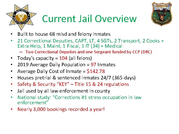 Current Jail Overview • Built to house 68 misd and felony inmates • 21