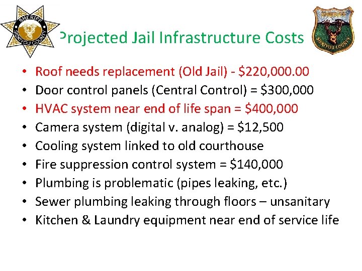 Projected Jail Infrastructure Costs • • • Roof needs replacement (Old Jail) - $220,