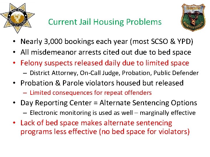 Current Jail Housing Problems • Nearly 3, 000 bookings each year (most SCSO &