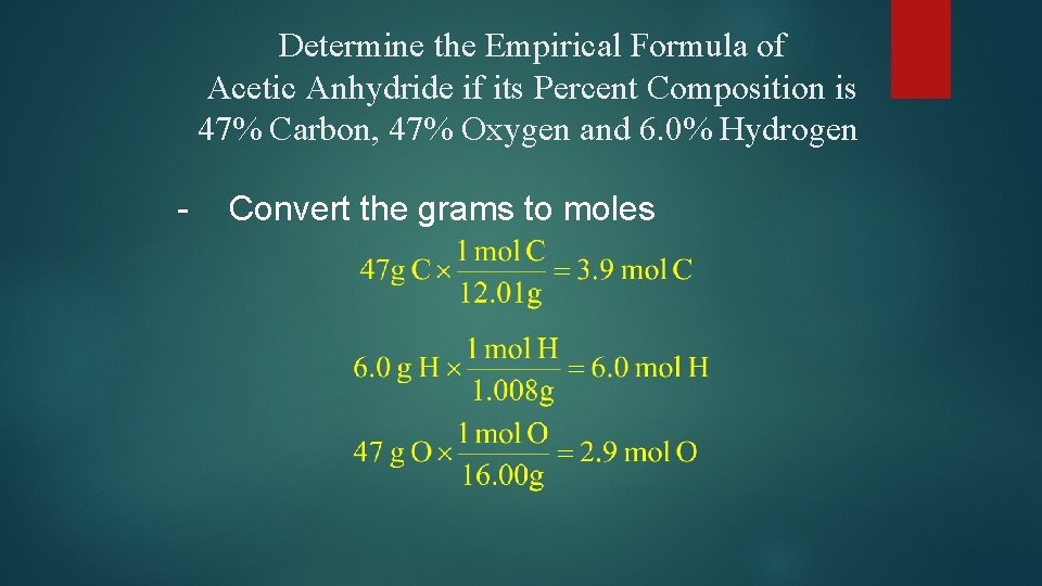 Determine the Empirical Formula of Acetic Anhydride if its Percent Composition is 47% Carbon,