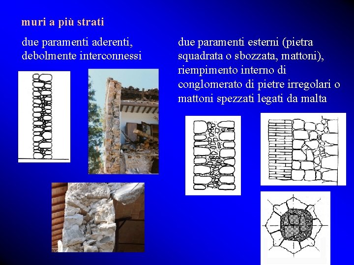muri a più strati due paramenti aderenti, debolmente interconnessi due paramenti esterni (pietra squadrata