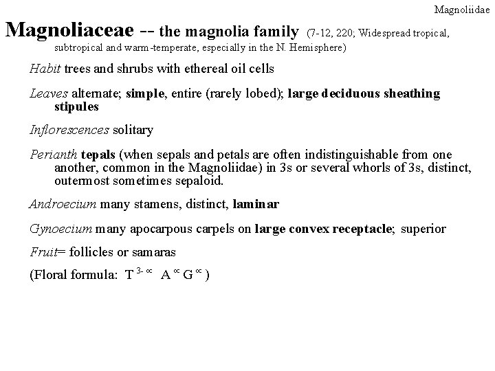 Magnoliidae Magnoliaceae -- the magnolia family (7 -12, 220; Widespread tropical, subtropical and warm-temperate, Magnoliidae Magnoliaceae -- the magnolia family (7 -12, 220; Widespread tropical, subtropical and warm-temperate,