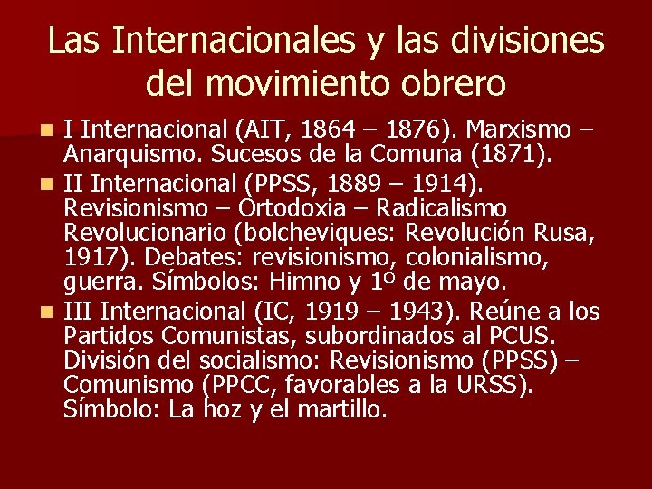 Las Internacionales y las divisiones del movimiento obrero I Internacional (AIT, 1864 – 1876).