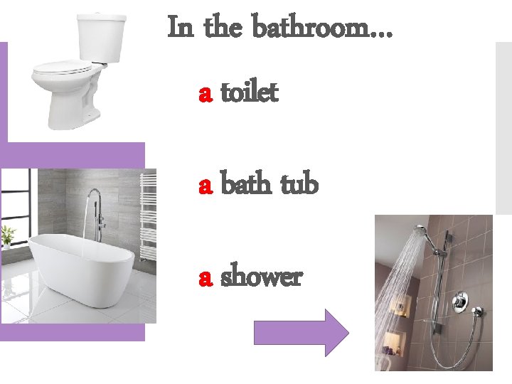 In the bathroom… a toilet a bath tub a shower 