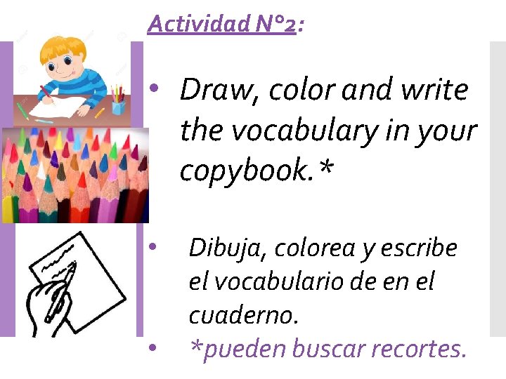 Actividad N° 2: • Draw, color and write the vocabulary in your copybook. *