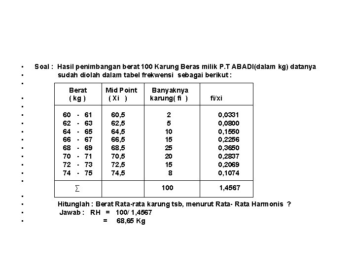  • • • • • Soal : Hasil penimbangan berat 100 Karung Beras