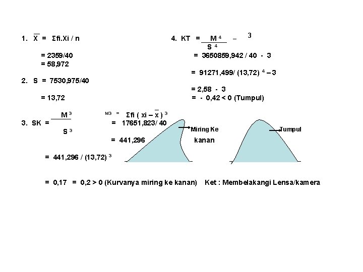 1. X = Σfi. Xi / n 4. KT = M 4 _ 3