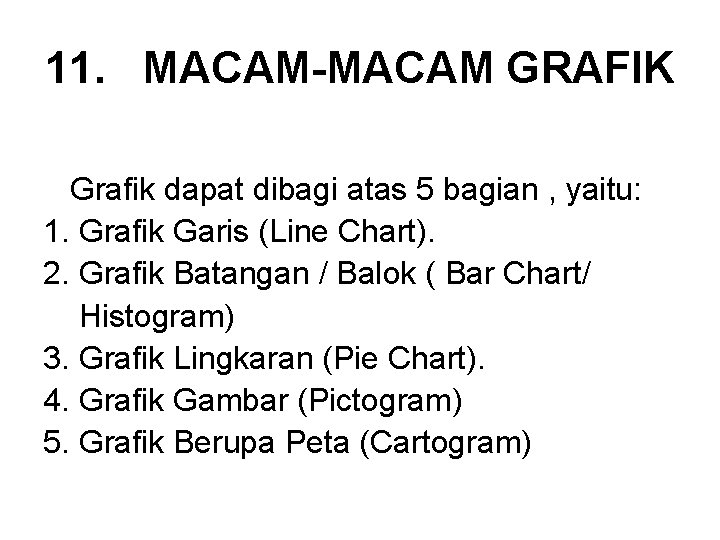 11. MACAM-MACAM GRAFIK Grafik dapat dibagi atas 5 bagian , yaitu: 1. Grafik Garis