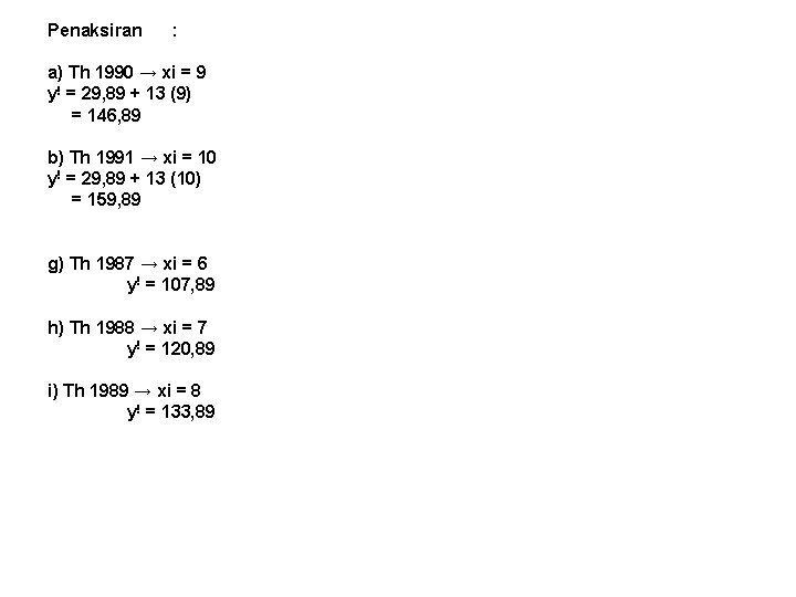 Penaksiran : a) Th 1990 → xi = 9 y! = 29, 89 +