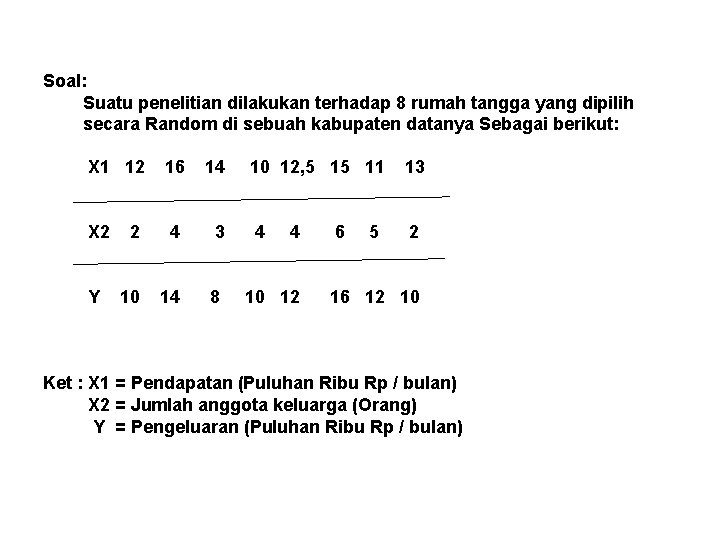 Soal: Suatu penelitian dilakukan terhadap 8 rumah tangga yang dipilih secara Random di sebuah