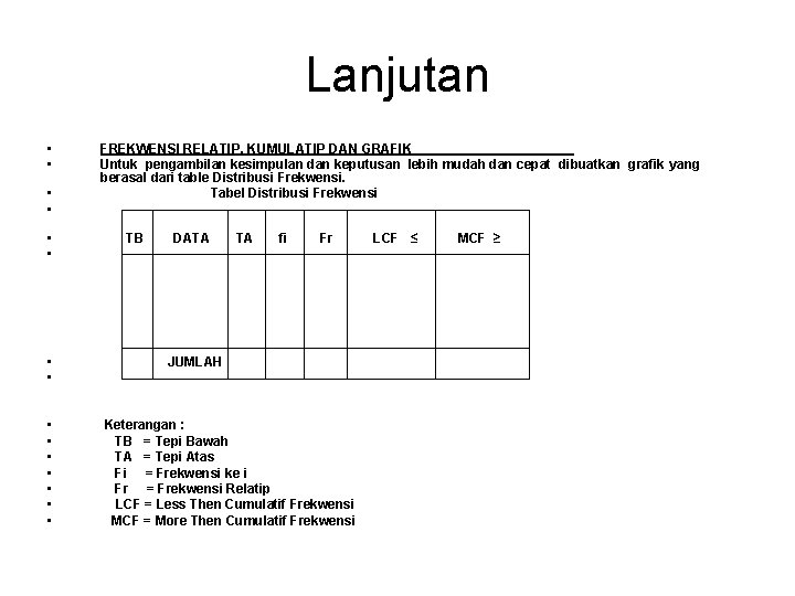 Lanjutan • • • FREKWENSI RELATIP, KUMULATIP DAN GRAFIK Untuk pengambilan kesimpulan dan keputusan