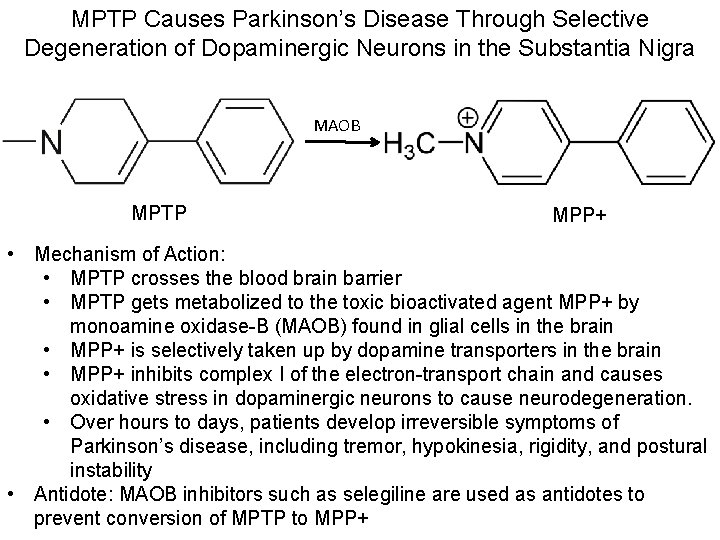 MPTP Causes Parkinson’s Disease Through Selective Degeneration of Dopaminergic Neurons in the Substantia Nigra