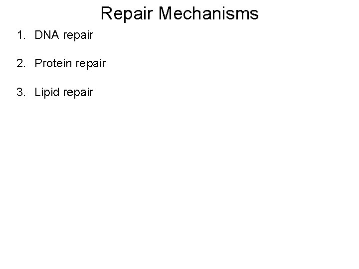 Repair Mechanisms 1. DNA repair 2. Protein repair 3. Lipid repair 