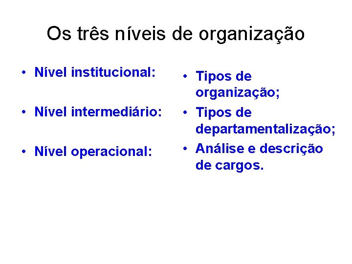 Os três níveis de organização • Nível institucional: • Nível intermediário: • Nível operacional:
