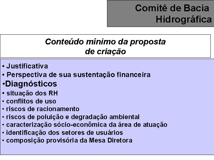 Comitê de Bacia Hidrográfica Conteúdo mínimo da proposta de criação • Justificativa • Perspectiva