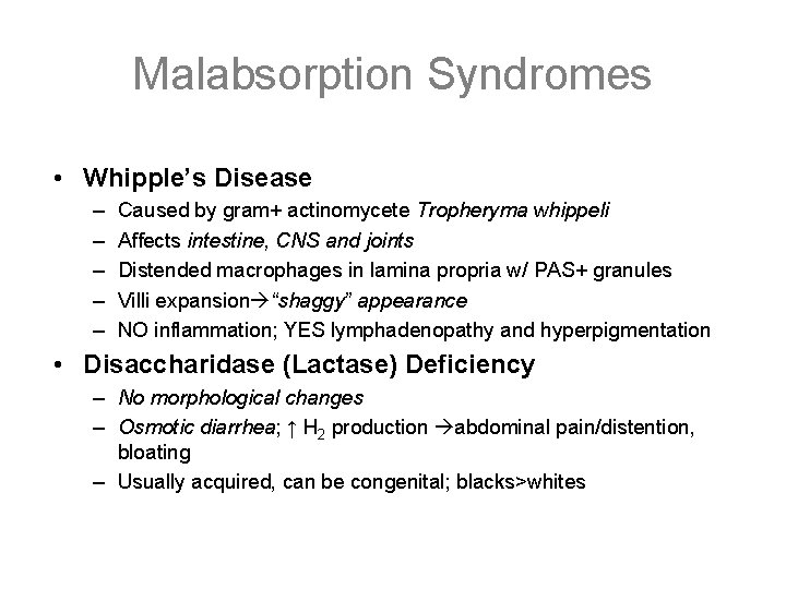 Malabsorption Syndromes • Whipple’s Disease – – – Caused by gram+ actinomycete Tropheryma whippeli