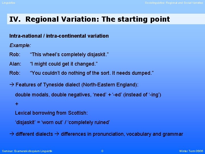 Linguistics Sociolinguistics: Regional and Social Varieties IV. Regional Variation: The starting point Intra-national /