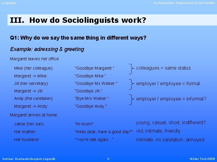 Linguistics Sociolinguistics: Regional and Social Varieties III. How do Sociolinguists work? Q 1: Why