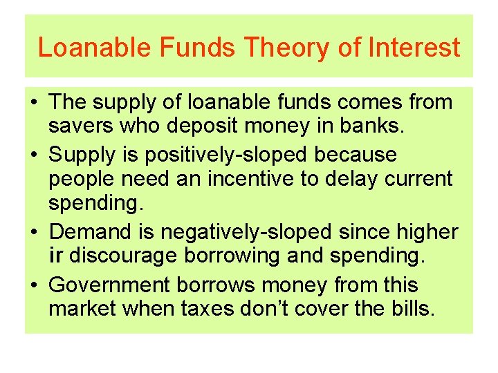 Loanable Funds Theory of Interest • The supply of loanable funds comes from savers