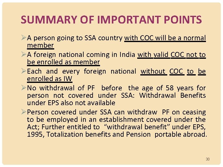SUMMARY OF IMPORTANT POINTS ØA person going to SSA country with COC will be