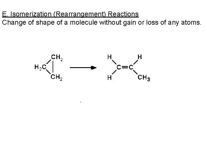 E. Isomerization (Rearrangement) Reactions Change of shape of a molecule without gain or loss