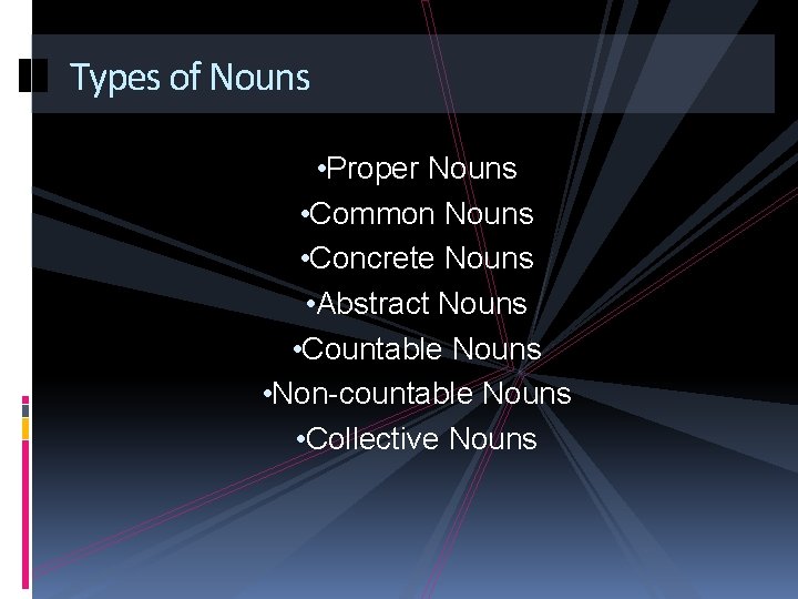 Types of Nouns • Proper Nouns • Common Nouns • Concrete Nouns • Abstract