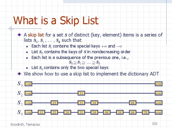 What is a Skip List A skip list for a set S of distinct