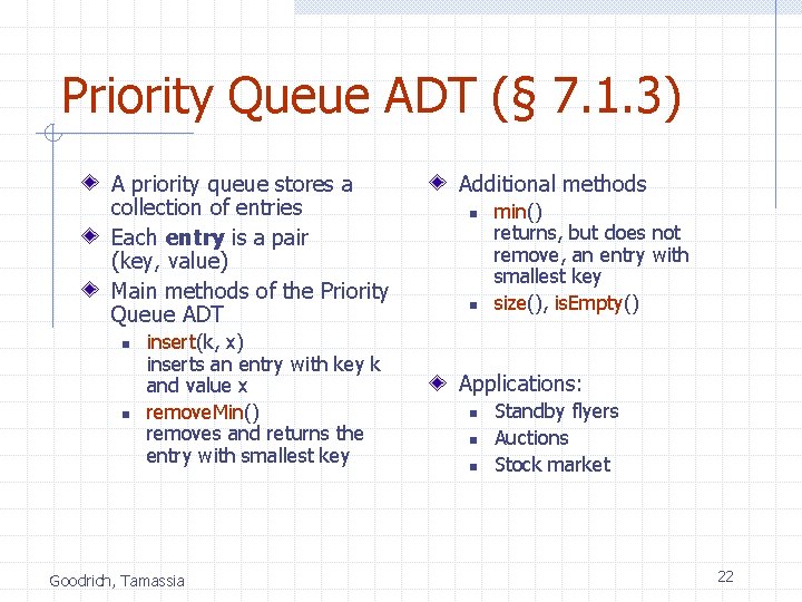 Priority Queue ADT (§ 7. 1. 3) A priority queue stores a collection of
