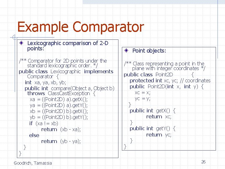 Example Comparator Lexicographic comparison of 2 -D points: /** Comparator for 2 D points