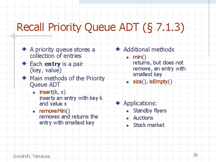 Recall Priority Queue ADT (§ 7. 1. 3) A priority queue stores a collection