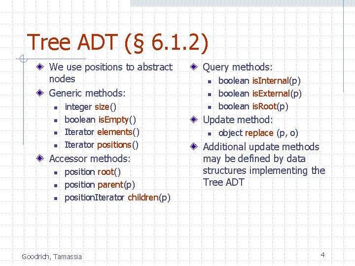 Tree ADT (§ 6. 1. 2) We use positions to abstract nodes Generic methods: