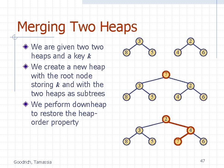 Merging Two Heaps We are given two heaps and a key k We create