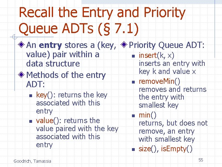 Recall the Entry and Priority Queue ADTs (§ 7. 1) An entry stores a
