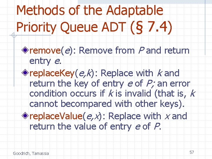 Methods of the Adaptable Priority Queue ADT (§ 7. 4) remove(e): Remove from P