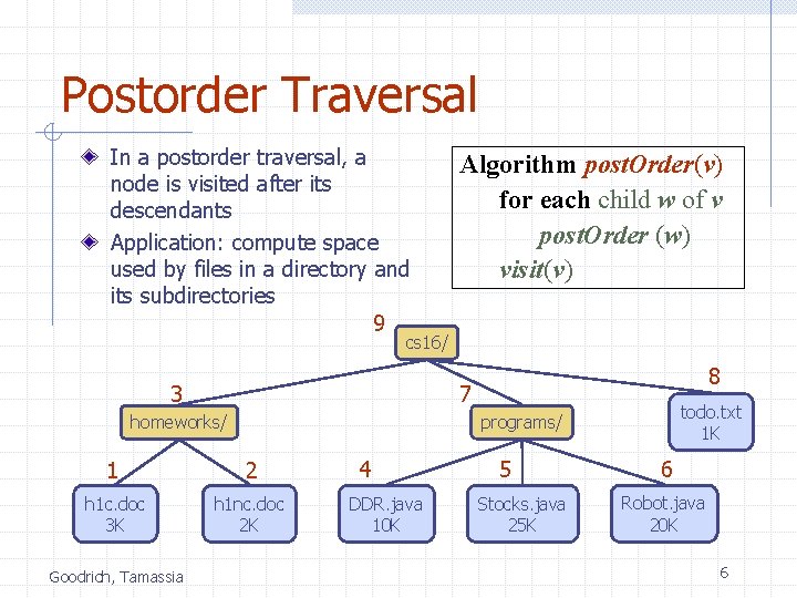 Postorder Traversal In a postorder traversal, a node is visited after its descendants Application: