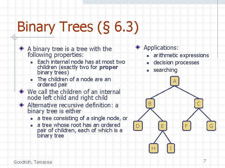 Binary Trees (§ 6. 3) Applications: A binary tree is a tree with the