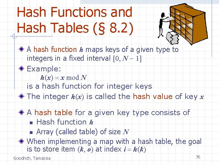 Hash Functions and Hash Tables (§ 8. 2) A hash function h maps keys