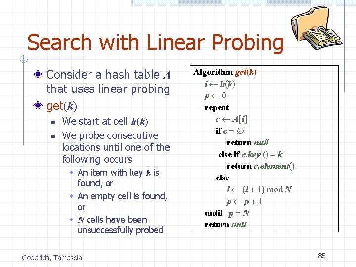 Search with Linear Probing Consider a hash table A that uses linear probing get(k)
