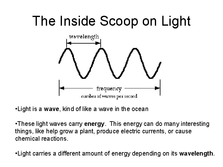 The Inside Scoop on Light • Light is a wave, kind of like a
