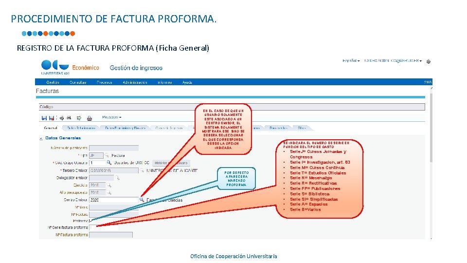 PROCEDIMIENTO DE FACTURA PROFORMA. REGISTRO DE LA FACTURA PROFORMA (Ficha General) EN EL CASO