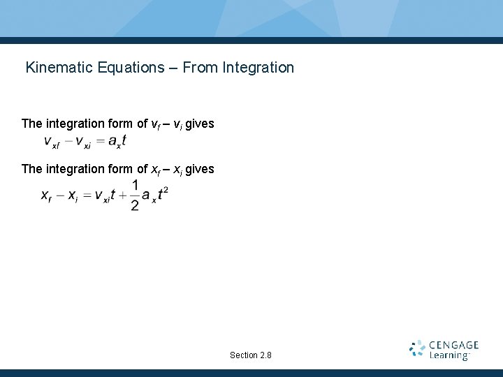 Kinematic Equations – From Integration The integration form of vf – vi gives The